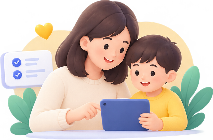 Phụ huynh và trẻ thực hiện sàng lọc trên máy tính bảng